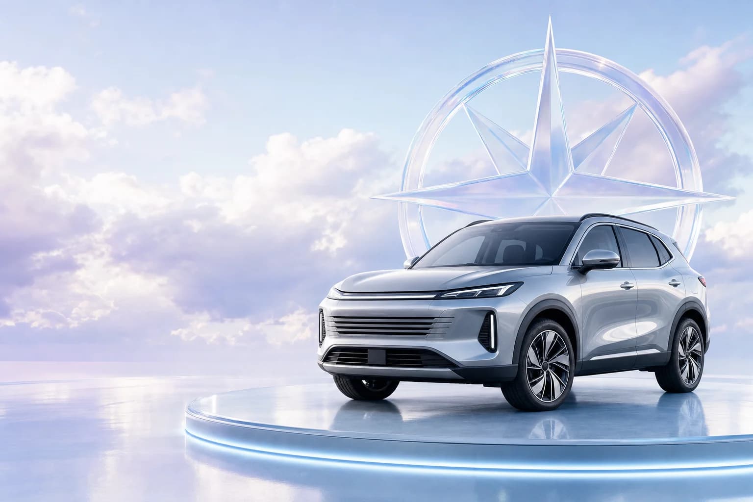 A silver SUV on a glass platform under a glass compass, in a bright sky